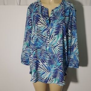 NYDJ Blouse XL Womens Blue Leaf Print Pleated Back 3/4 Sleeve Top Casual